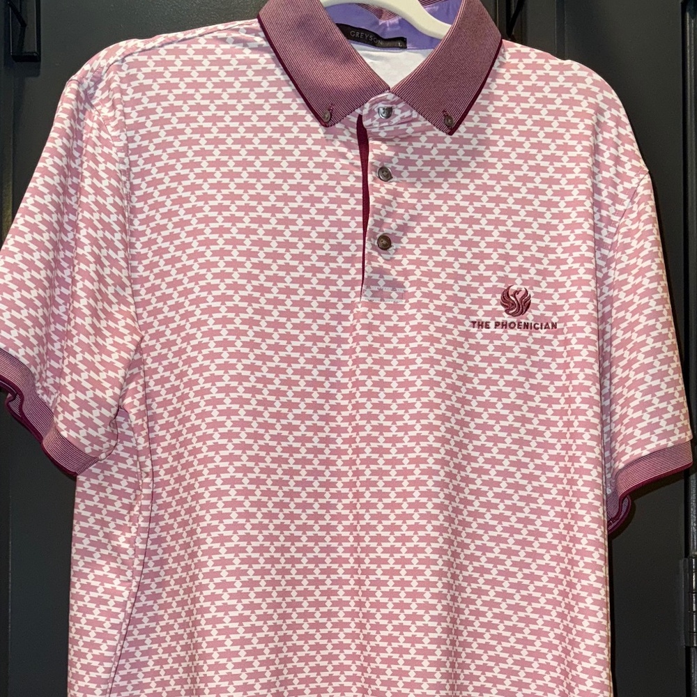 GREYSON Golf Polo - w/ "The Phoenician" Logo (Large, Maroon, Geometric)